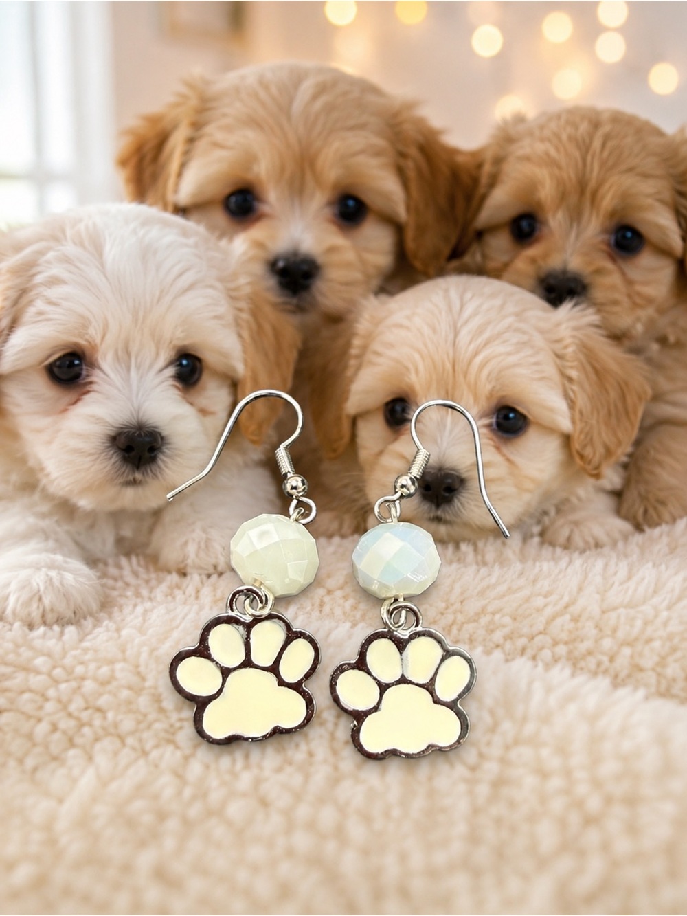 🆕🤗Cream Enamel & Crystal Paw Print Dangle Earrings